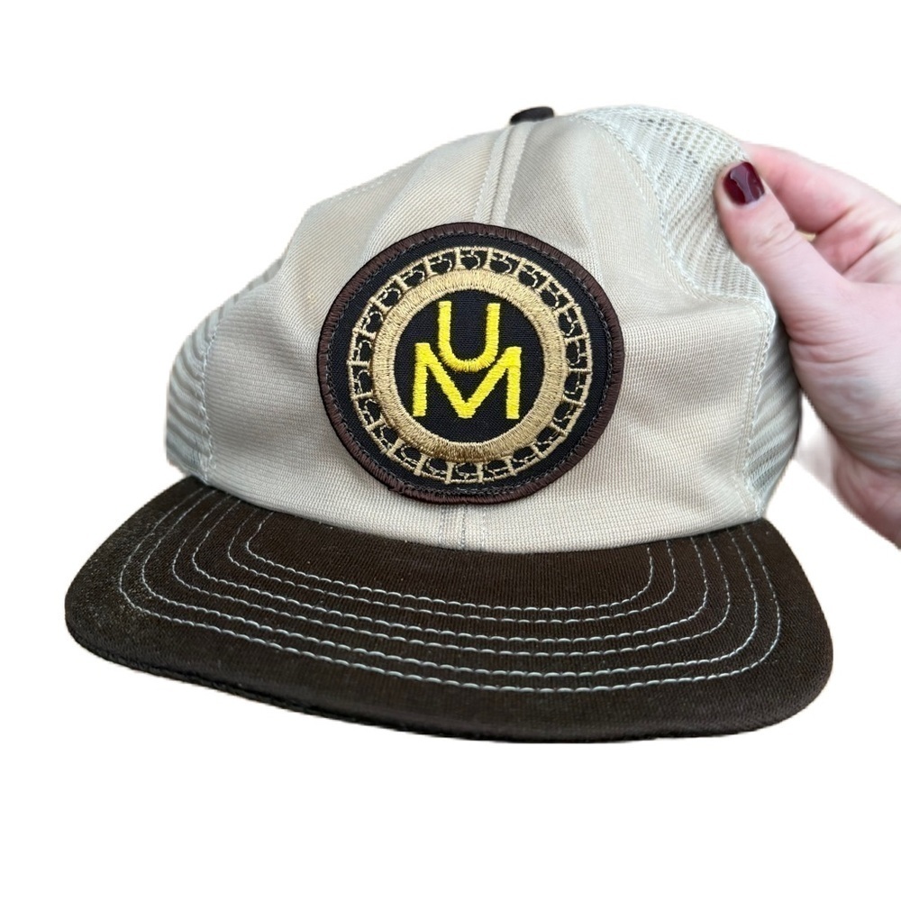 Vintage USA MADE UM Patch Trucker Hat Snapback Cap Brown Tan